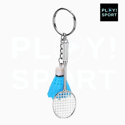 Porte-clé badminton volant bleu + raquette métal 