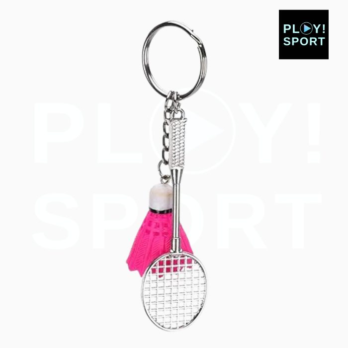Porte-clé badminton volant rose + raquette métal 