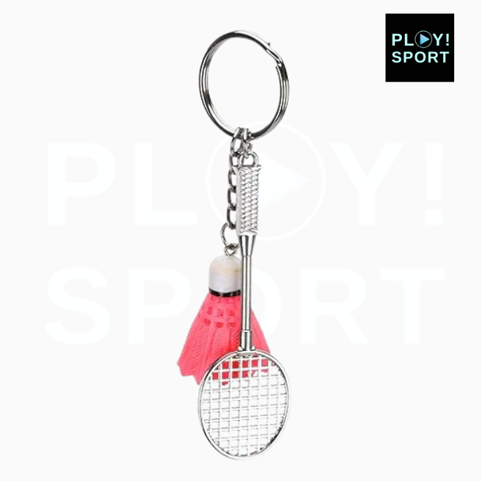 Porte-clé badminton volant mauve + raquette métal 