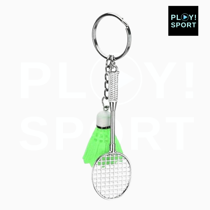 Porte-clé badminton volant vert + raquette métal 