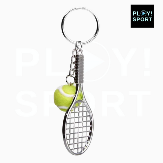 Porte-clé balle de tennis jaune + raquette métal 